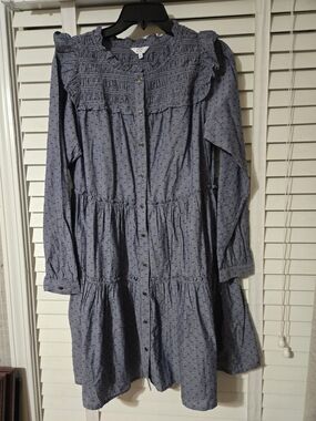 NWT crown & ivy Dusty Blue Long-Sleeve Ruffle Tiered Button-Front Dress Sz S